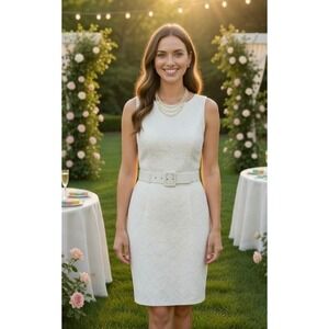 Banana Republic Sleeveless Shift Dress w/Belt in White Patterned Fabric - size 8